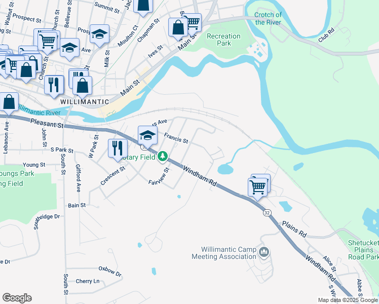 map of restaurants, bars, coffee shops, grocery stores, and more near 37 McDermott Avenue in Windham