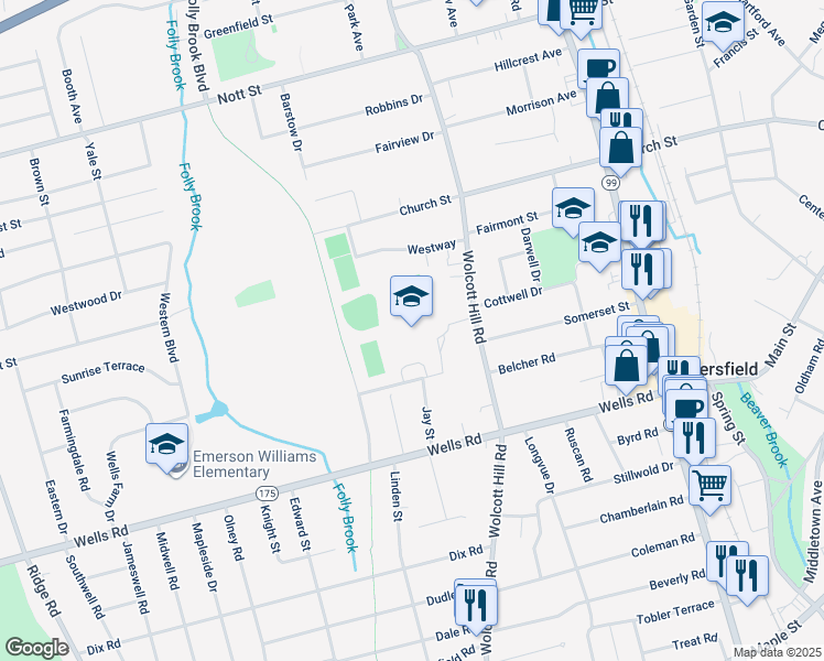 map of restaurants, bars, coffee shops, grocery stores, and more near 411 Wolcott Hill Road in Wethersfield