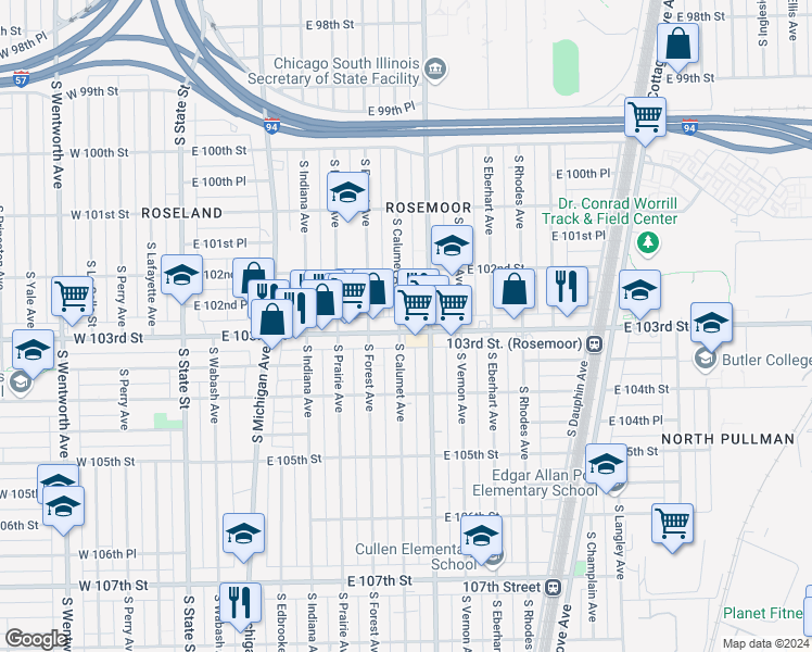 map of restaurants, bars, coffee shops, grocery stores, and more near 332 East 103rd Street in Chicago