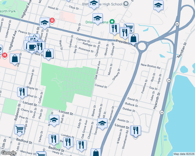 map of restaurants, bars, coffee shops, grocery stores, and more near 697 Oak Grove Avenue in Fall River