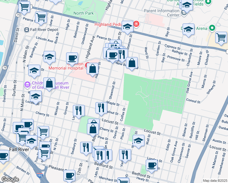 map of restaurants, bars, coffee shops, grocery stores, and more near 85 Shawmut Street in Fall River