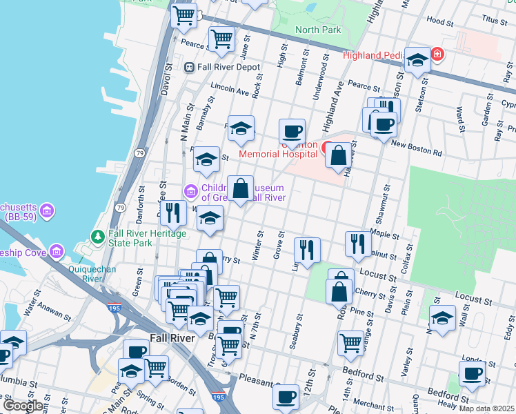 map of restaurants, bars, coffee shops, grocery stores, and more near 499 Maple Street in Fall River