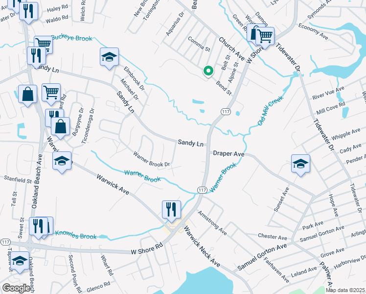 map of restaurants, bars, coffee shops, grocery stores, and more near 35 Sandy Lane in Warwick