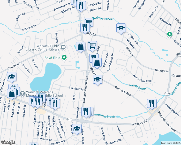 map of restaurants, bars, coffee shops, grocery stores, and more near 2525 Warwick Avenue in Warwick