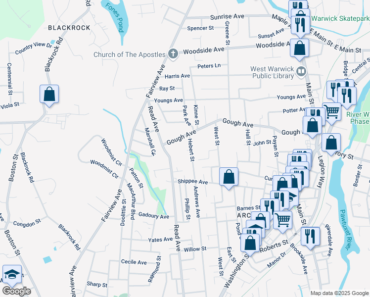 map of restaurants, bars, coffee shops, grocery stores, and more near 35 Hebert Street in West Warwick