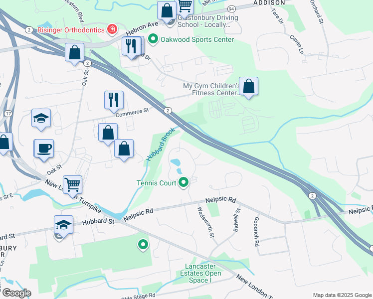 map of restaurants, bars, coffee shops, grocery stores, and more near 256 Georgetown Drive in Glastonbury