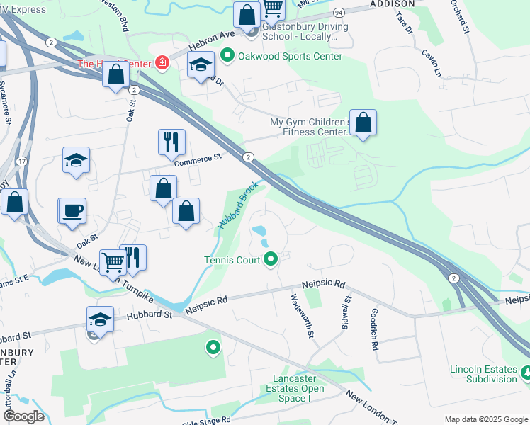 map of restaurants, bars, coffee shops, grocery stores, and more near 314 Georgetown Drive in Glastonbury
