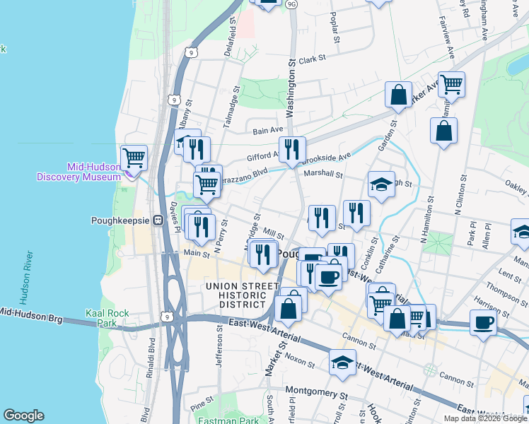 map of restaurants, bars, coffee shops, grocery stores, and more near 9 Mansion Street in Poughkeepsie