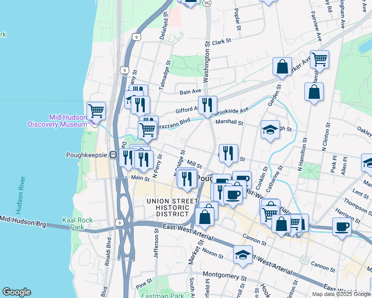 map of restaurants, bars, coffee shops, grocery stores, and more near 4 Charles Street in Poughkeepsie