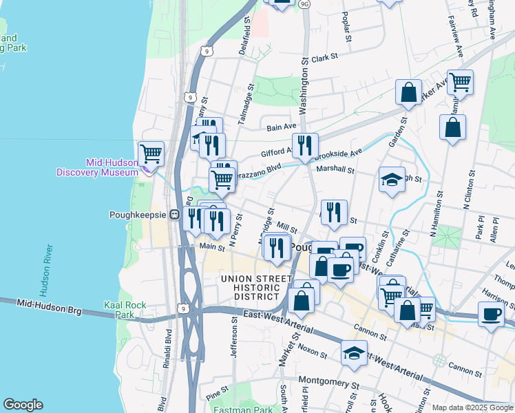 map of restaurants, bars, coffee shops, grocery stores, and more near 4 Charles Street in Poughkeepsie