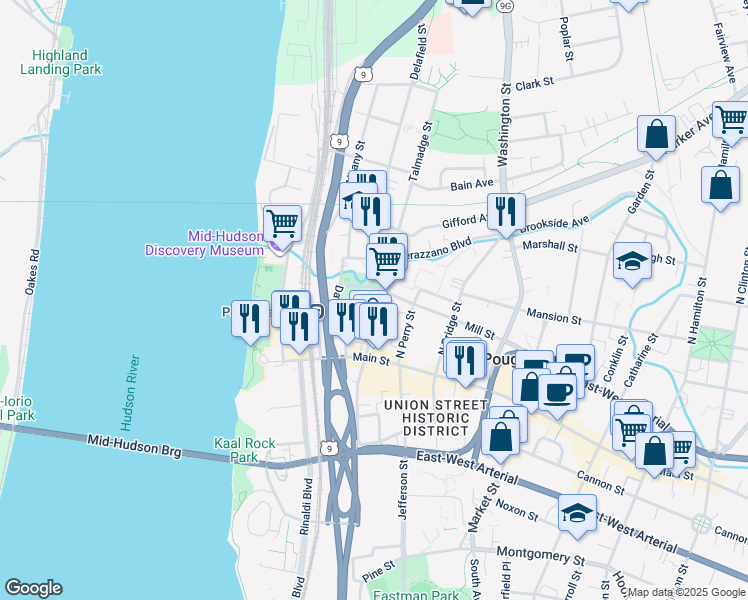 map of restaurants, bars, coffee shops, grocery stores, and more near 40 North Clover Street in Poughkeepsie