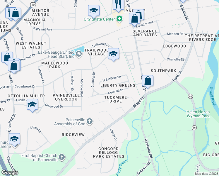 map of restaurants, bars, coffee shops, grocery stores, and more near 213 South Settlers Lane in Painesville