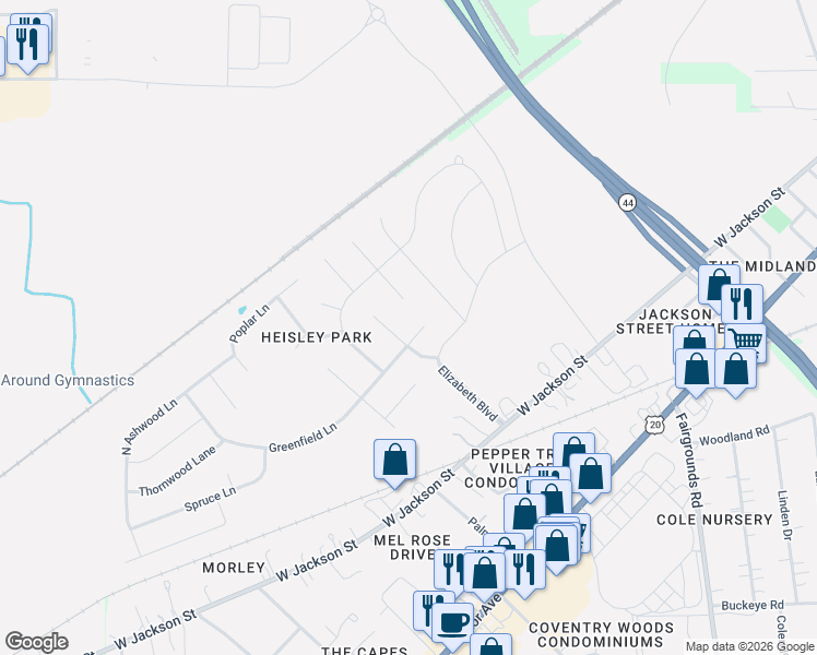 map of restaurants, bars, coffee shops, grocery stores, and more near 1477 Greenfield Lane in Painesville