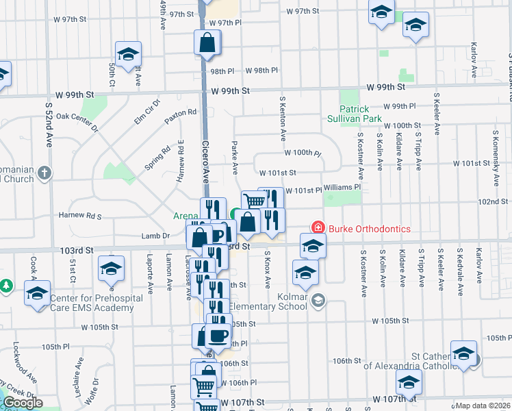 map of restaurants, bars, coffee shops, grocery stores, and more near 10129 Parke Avenue in Oak Lawn