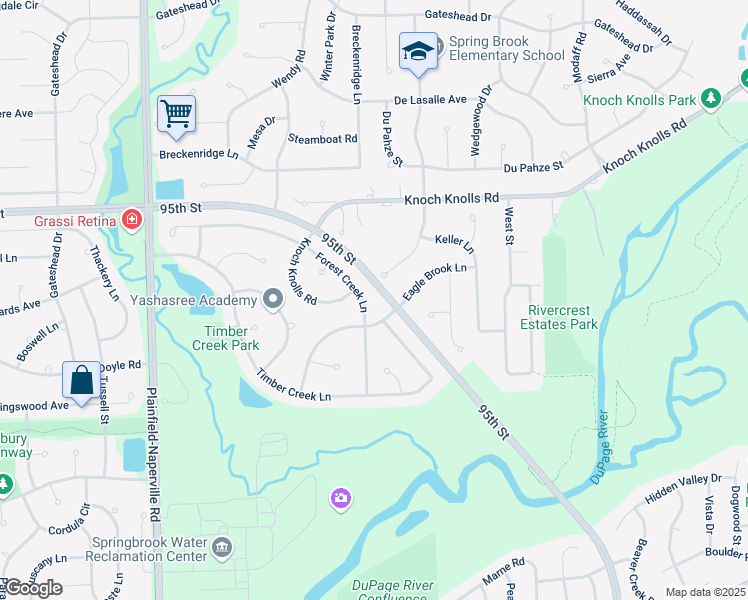 map of restaurants, bars, coffee shops, grocery stores, and more near 2812 Forest Creek Lane in Naperville