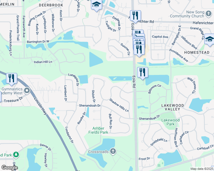 map of restaurants, bars, coffee shops, grocery stores, and more near 2302 Shiloh Drive in Aurora