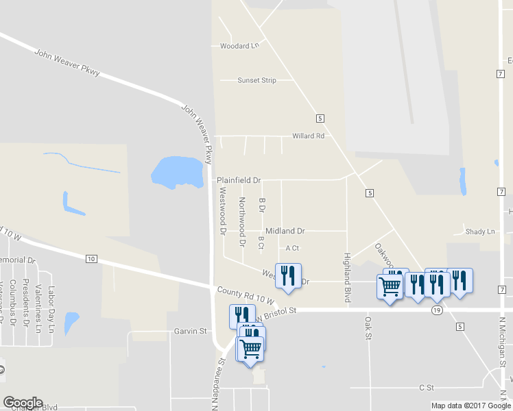 map of restaurants, bars, coffee shops, grocery stores, and more near 54151 B Drive in Elkhart