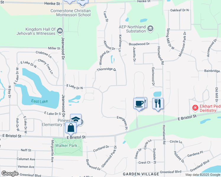 map of restaurants, bars, coffee shops, grocery stores, and more near 3709 Woodfield Lane in Elkhart