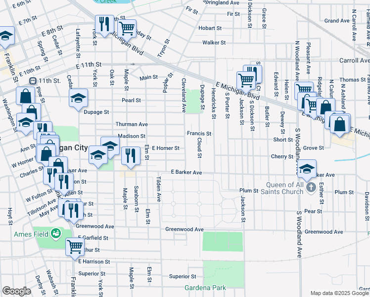 map of restaurants, bars, coffee shops, grocery stores, and more near 700 Cleveland Avenue in Michigan City