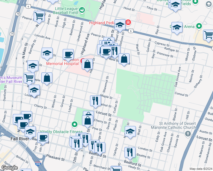 map of restaurants, bars, coffee shops, grocery stores, and more near 85 Shawmut Street in Fall River