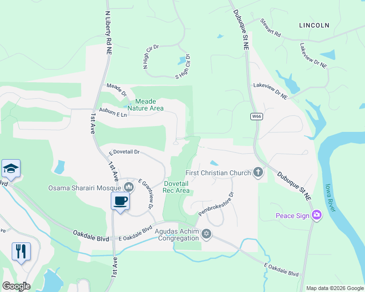map of restaurants, bars, coffee shops, grocery stores, and more near 235 Auburn East Lane in Coralville