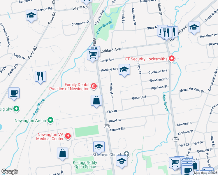 map of restaurants, bars, coffee shops, grocery stores, and more near 75 Michael Lane in Newington