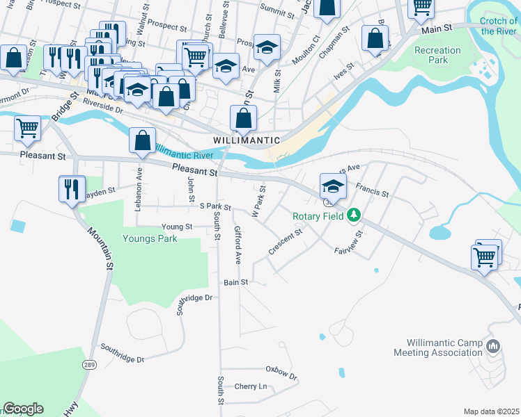 map of restaurants, bars, coffee shops, grocery stores, and more near 46 West Park Street in Windham