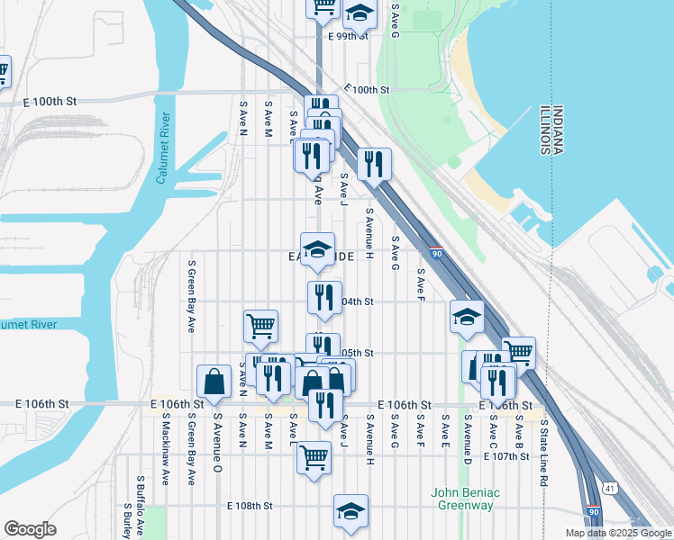 map of restaurants, bars, coffee shops, grocery stores, and more near 10325 South Avenue J in Chicago