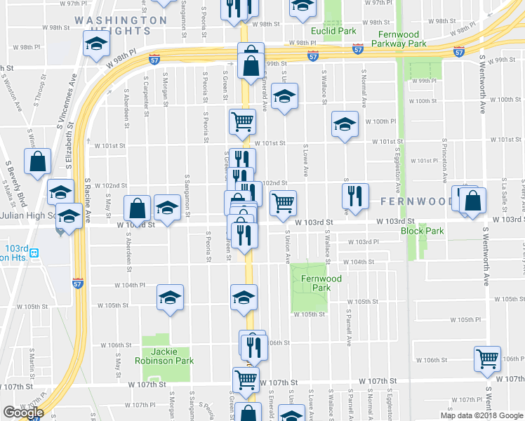 map of restaurants, bars, coffee shops, grocery stores, and more near 10242 South Emerald Avenue in Chicago