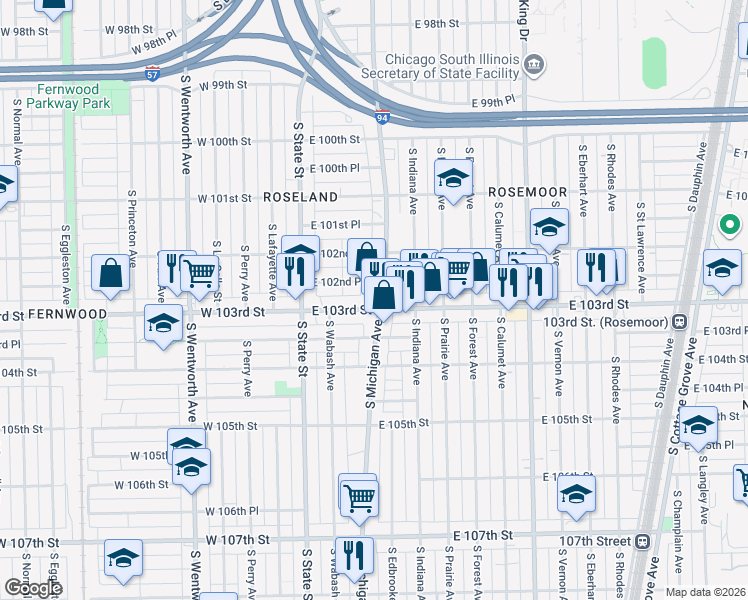 map of restaurants, bars, coffee shops, grocery stores, and more near 72 East 103rd Street in Chicago