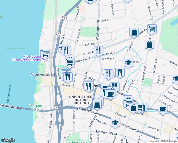 map of restaurants, bars, coffee shops, grocery stores, and more near 9 Mansion Street in Poughkeepsie