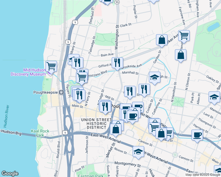 map of restaurants, bars, coffee shops, grocery stores, and more near 9 Mansion Street in Poughkeepsie
