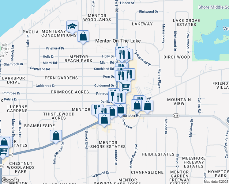 map of restaurants, bars, coffee shops, grocery stores, and more near 6042 Andrews Road in Mentor-on-the-Lake