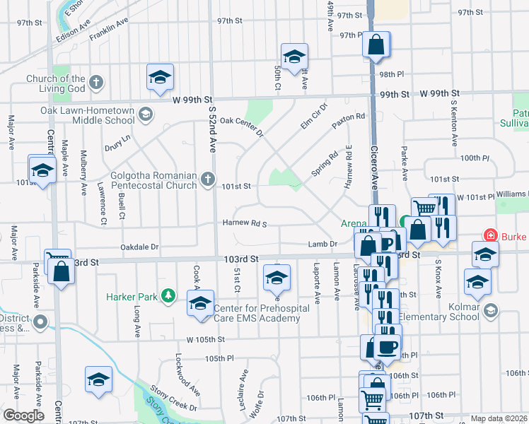 map of restaurants, bars, coffee shops, grocery stores, and more near 5039 Wick Drive in Oak Lawn