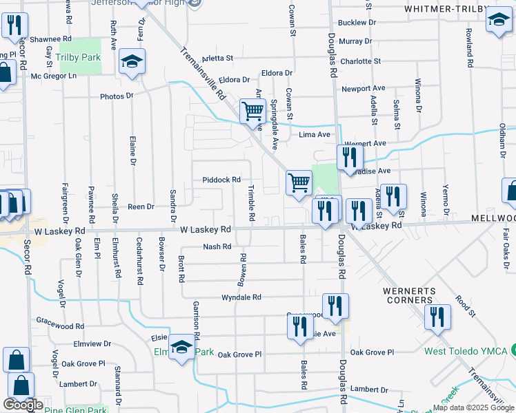 map of restaurants, bars, coffee shops, grocery stores, and more near 5032 Trimble Road in Toledo