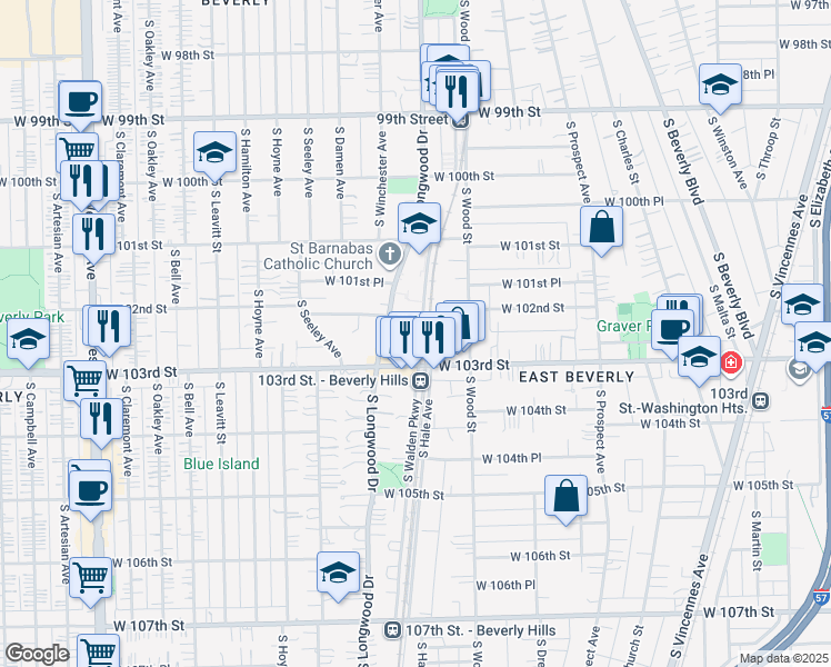map of restaurants, bars, coffee shops, grocery stores, and more near 10224 South Walden Parkway in Chicago
