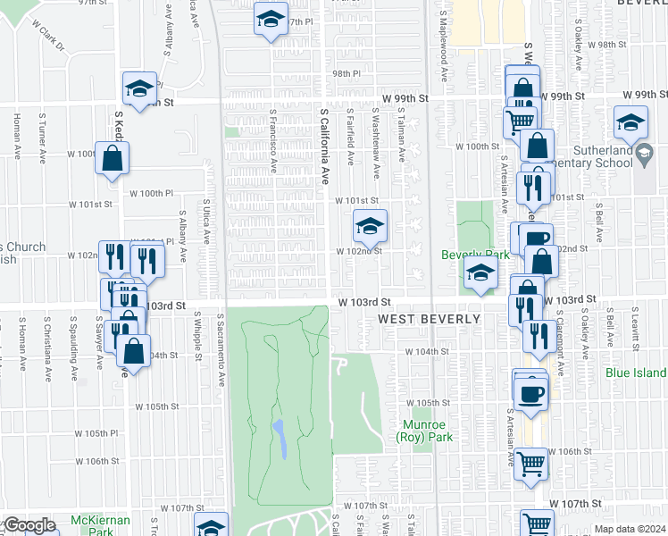 map of restaurants, bars, coffee shops, grocery stores, and more near 10217 South California Avenue in Chicago