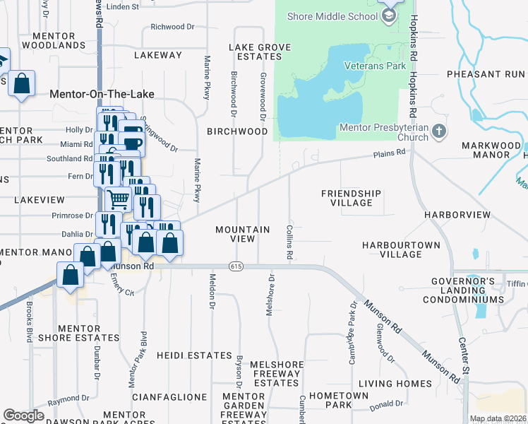 map of restaurants, bars, coffee shops, grocery stores, and more near 6009 Harrison Street in Mentor