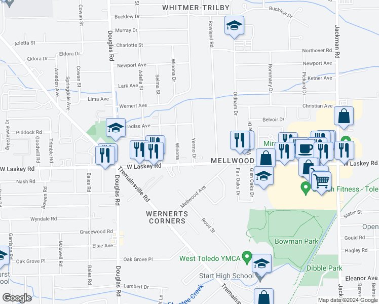 map of restaurants, bars, coffee shops, grocery stores, and more near 5023 Yermo Drive in Toledo
