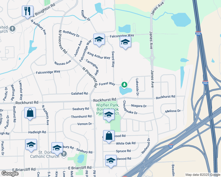 map of restaurants, bars, coffee shops, grocery stores, and more near 538 Castle Court in Bolingbrook