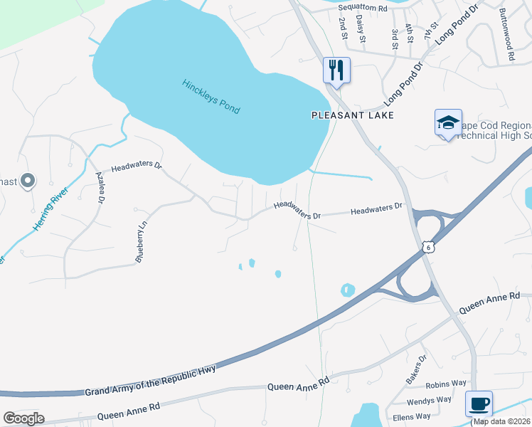 map of restaurants, bars, coffee shops, grocery stores, and more near 101 Headwaters Drive in Harwich