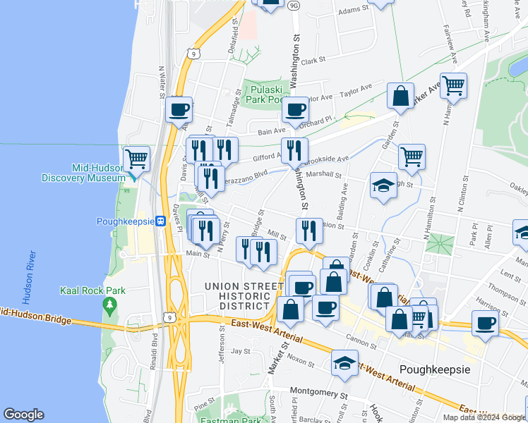 map of restaurants, bars, coffee shops, grocery stores, and more near 4 Mansion Street in Poughkeepsie