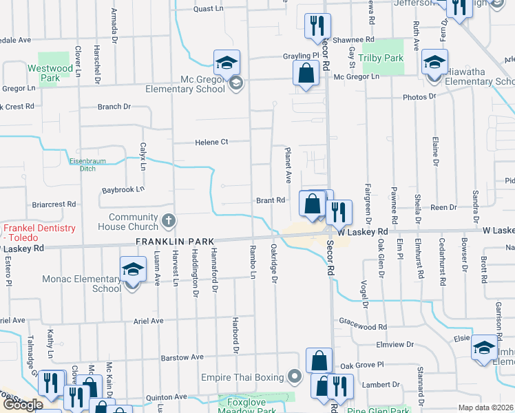 map of restaurants, bars, coffee shops, grocery stores, and more near 5050 Rambo Ln in Toledo