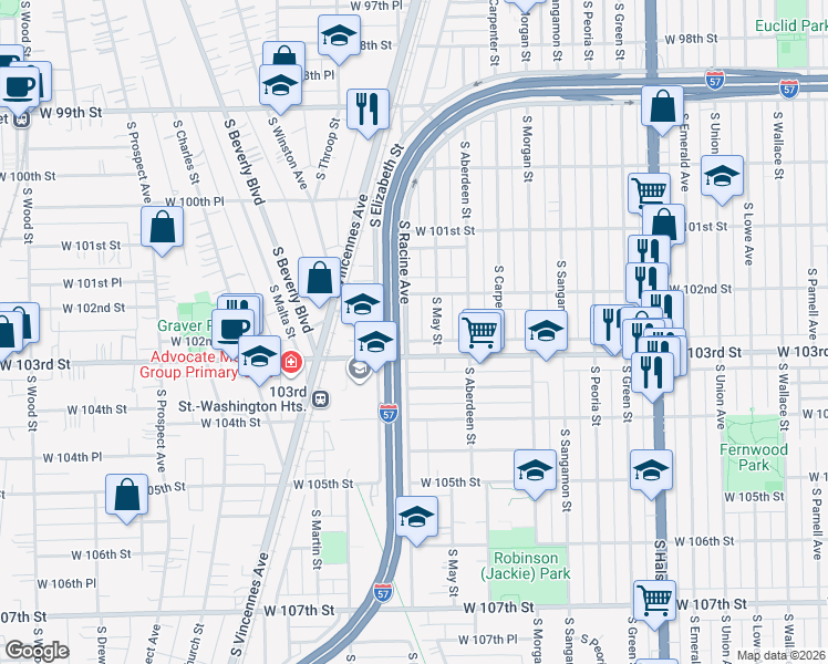 map of restaurants, bars, coffee shops, grocery stores, and more near 10237 South Racine Avenue in Chicago