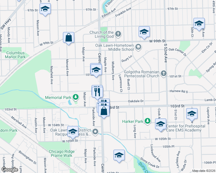 map of restaurants, bars, coffee shops, grocery stores, and more near 10133 Maple Avenue in Oak Lawn