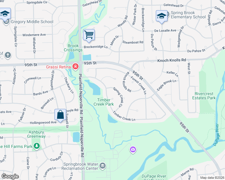 map of restaurants, bars, coffee shops, grocery stores, and more near 812 Spring Creek Circle in Naperville