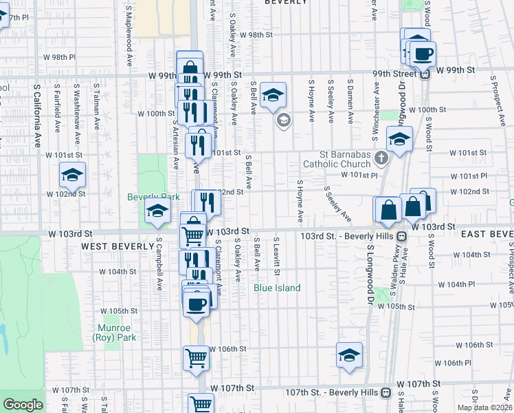 map of restaurants, bars, coffee shops, grocery stores, and more near 10221 South Bell Avenue in Chicago