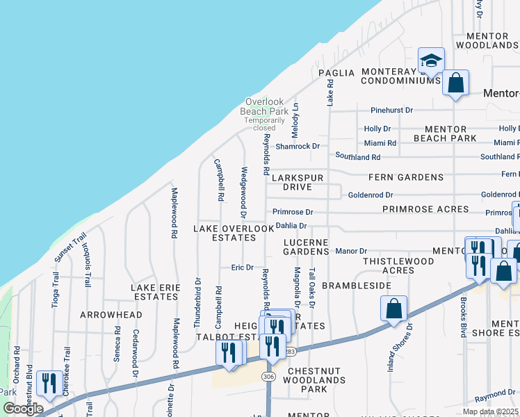 map of restaurants, bars, coffee shops, grocery stores, and more near 6024 Reynolds Road in Mentor-on-the-Lake