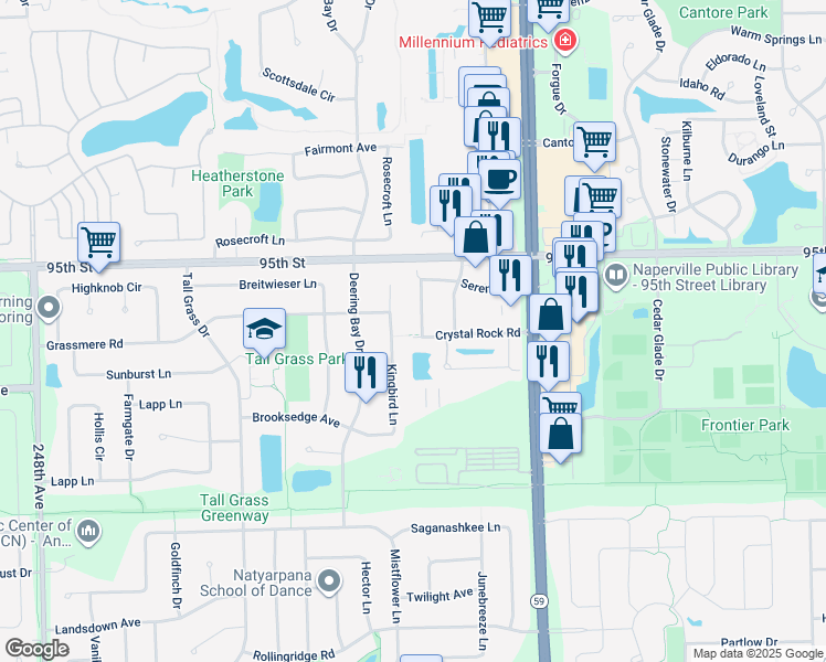 map of restaurants, bars, coffee shops, grocery stores, and more near 3093 Serenity Lane in Naperville