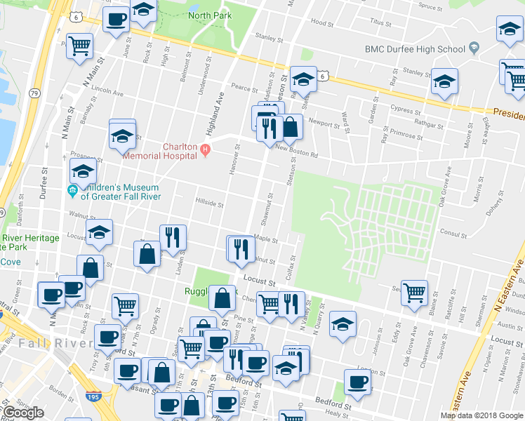 map of restaurants, bars, coffee shops, grocery stores, and more near 82 Shawmut Street in Fall River